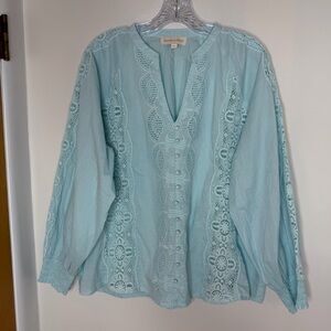 Jennifer & Grace 100% Cotton Aqua Blue Lace Boho Peasant Blouse Tunic 1X